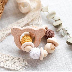 Baby Bear Teething Ring, Beech Wood , Crochet Covered Beads, Montessori Toy